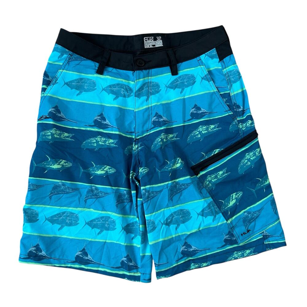 Huk Performance Fishing Board Shorts Mens Size 32 Fish Print Boating Beach